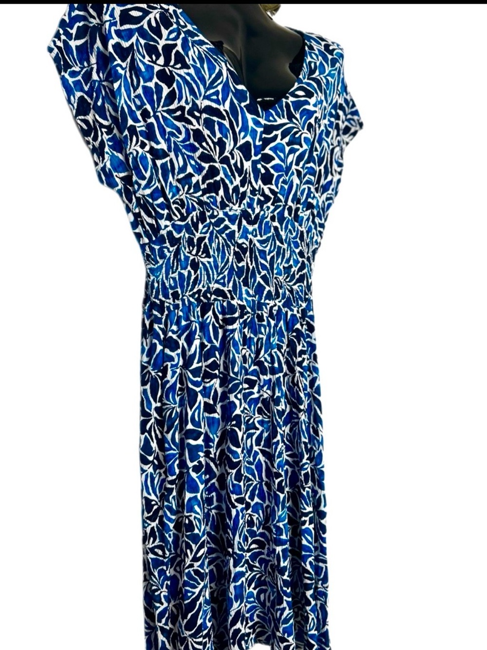Blue Floral Print Women's Dress - Elegant V-Neck